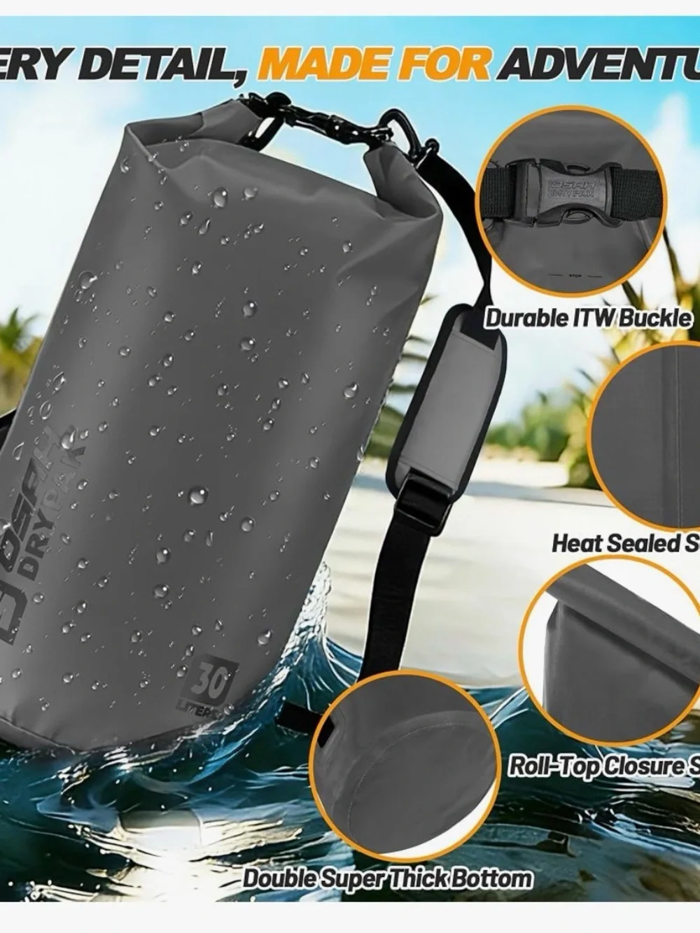 Waterproof Roll-Top Dry Bag for Men - Gray